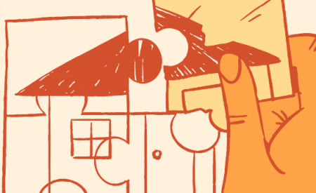 Person holding a puzzle piece. The puzzle image is a house.